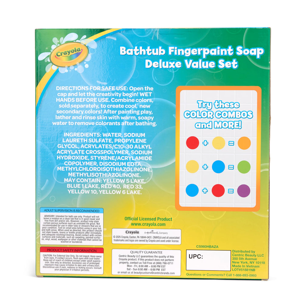 Crayola bathtub fingerpaint blue-green-purple collection highlights playful color combinations.