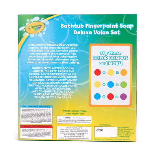 Crayola bathtub fingerpaint blue-green-purple collection highlights playful color combinations.