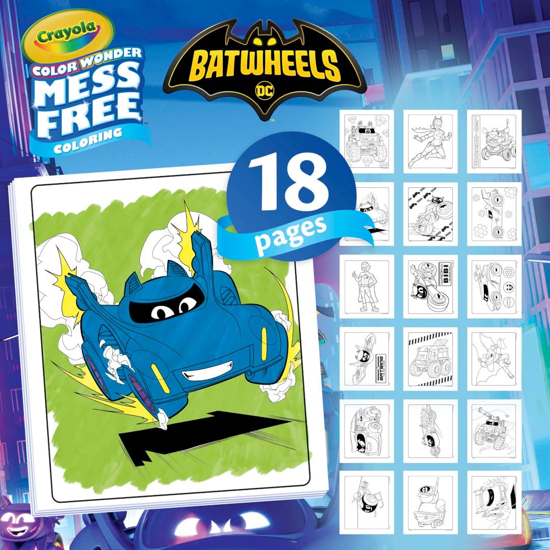 Crayola Batwheels Color Wonder pages featuring Batman scenes for kids.