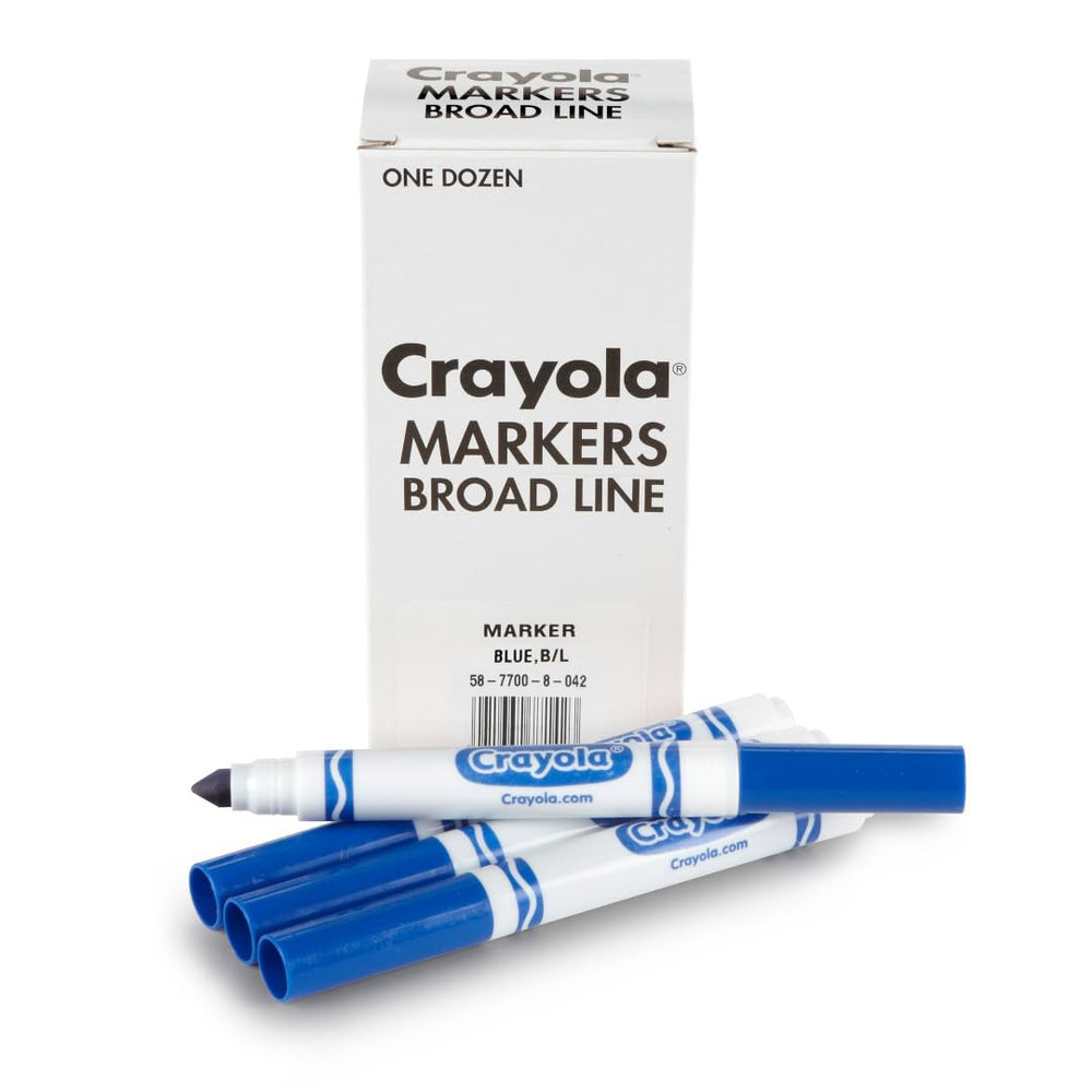 Crayola blue bulk markers 12-pack in tuck box for classroom coloring.