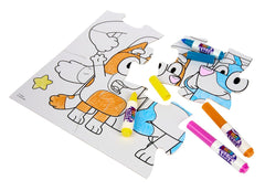 Bluey-themed double-sided puzzle pieces ready for coloring and solving