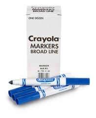 Crayola Broad Line Blue markers in a 12-count reusable box, ideal for classrooms.