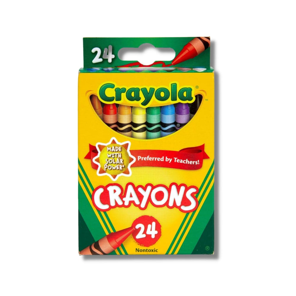 Crayola Classic Color Pack 24 crayons box back highlights safety and non-toxic design.