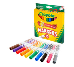 Crayola markers packaging back view highlights colors and safety features