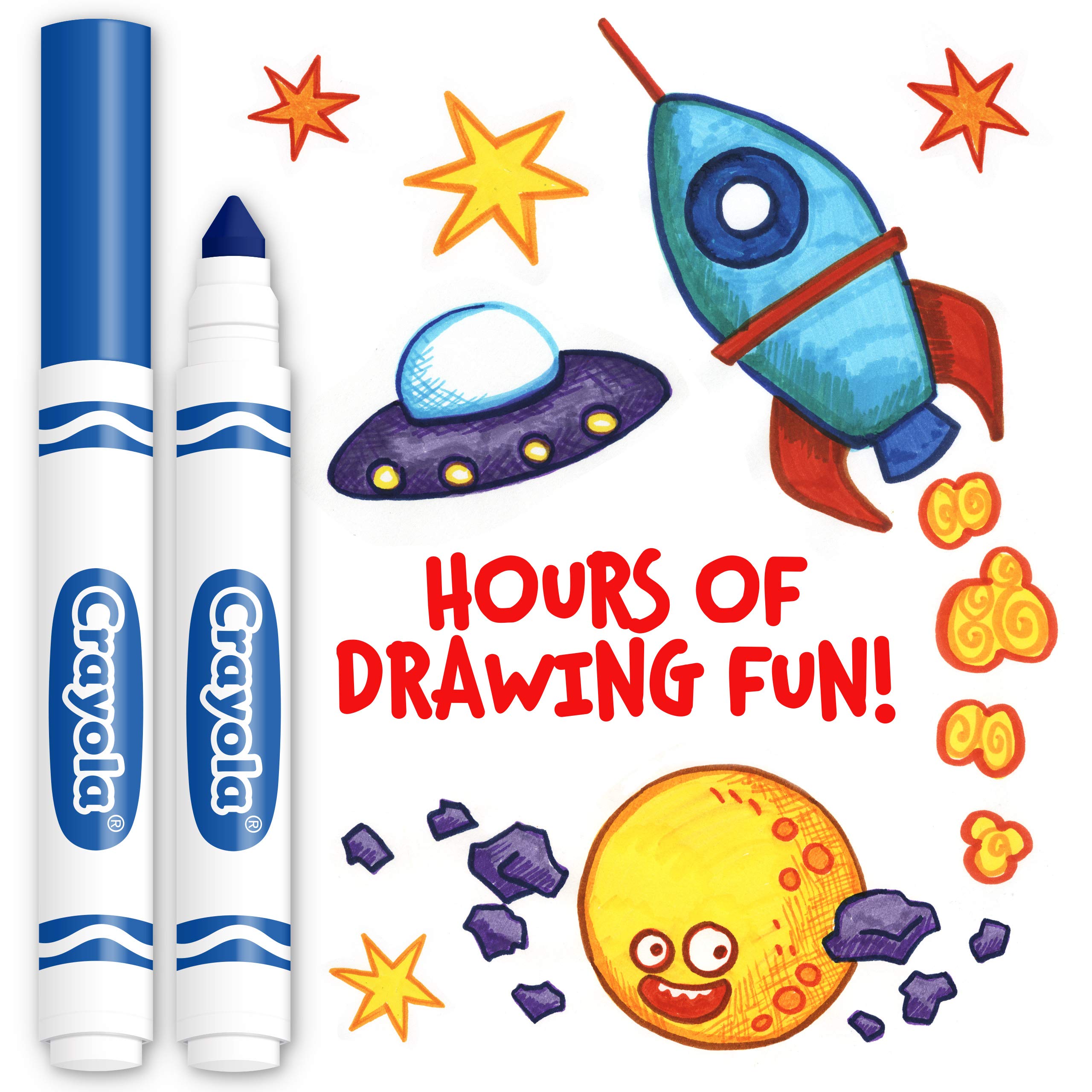 Classroom use of Crayola blue broad line markers for large area coloring.