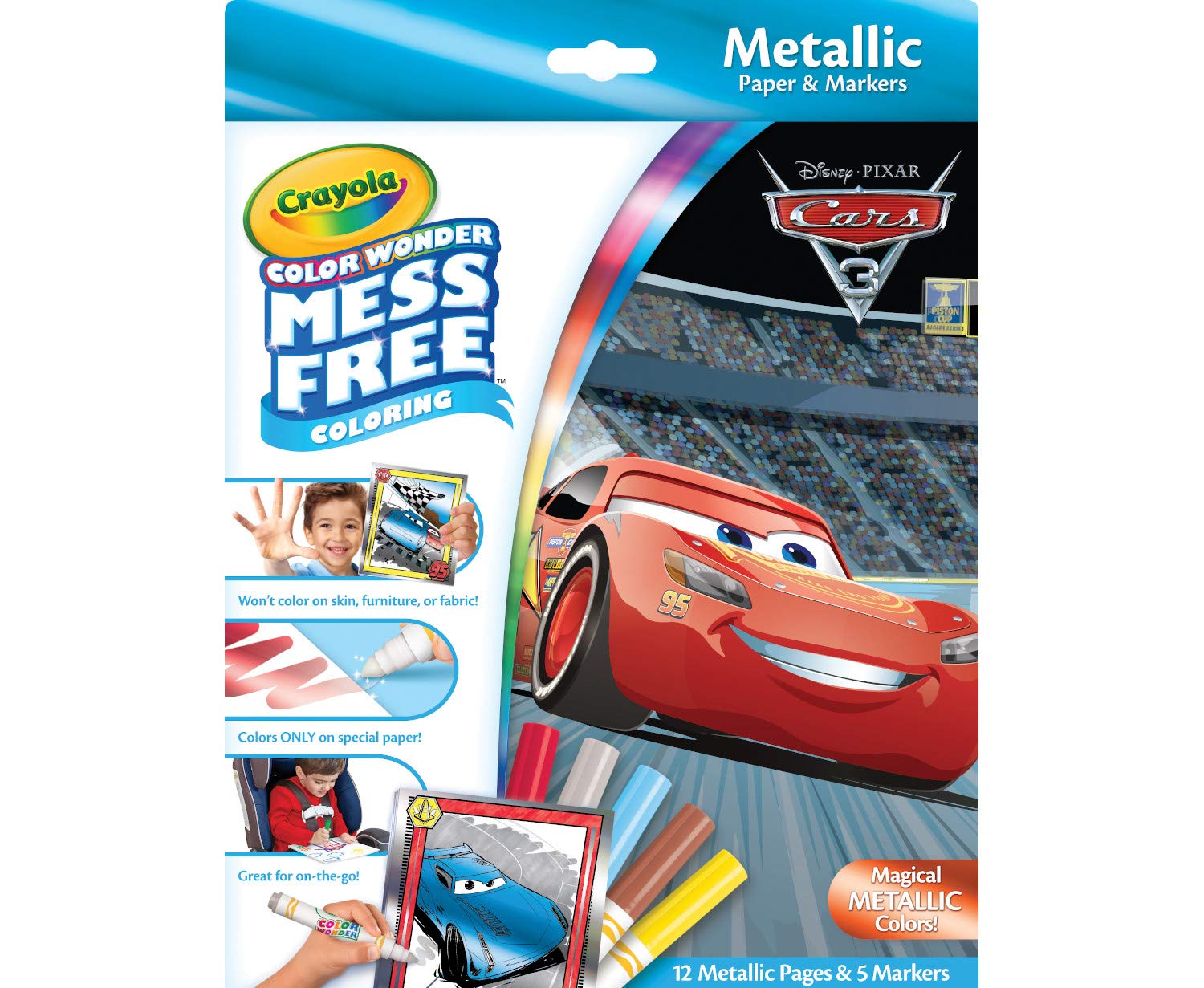 Crayola Color Wonder Cars 3 metallic pages shine without mess for quiet coloring.