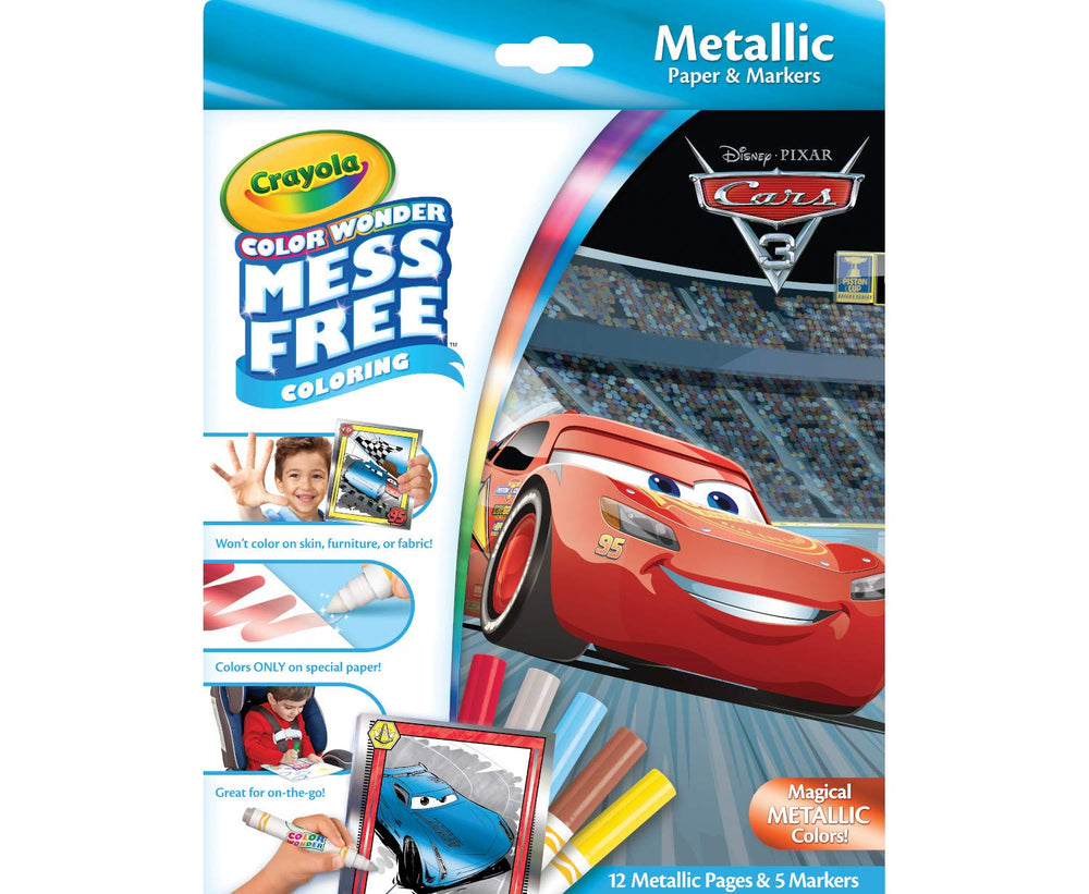 Crayola Color Wonder Cars 3 metallic pages shine without mess for quiet coloring.
