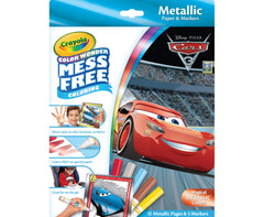 Crayola Color Wonder Cars 3 metallic pages shine without mess for quiet coloring.