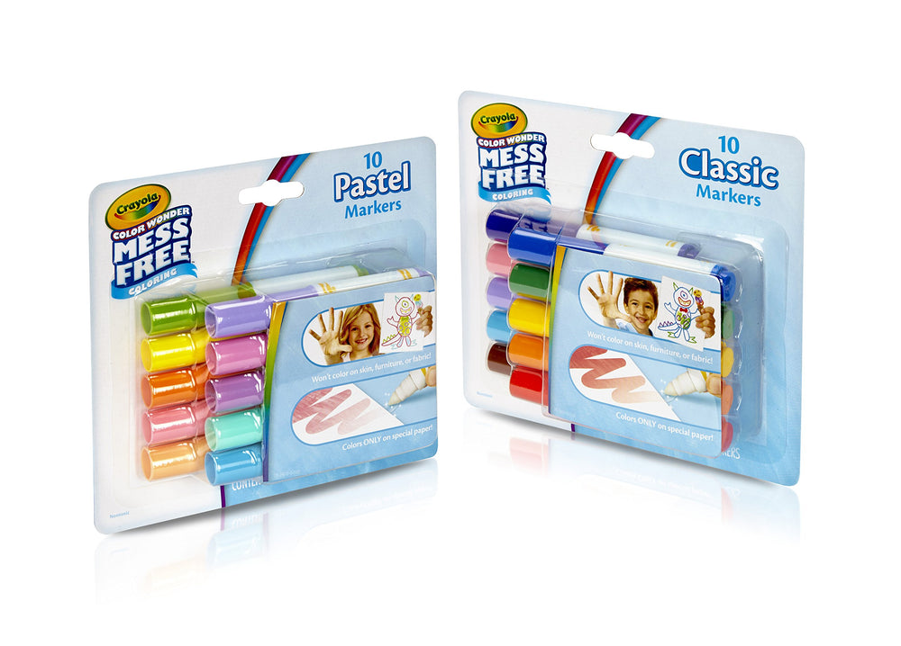 Packaging display of Crayola Color Wonder markers showing 2-pack mini-no-mess set