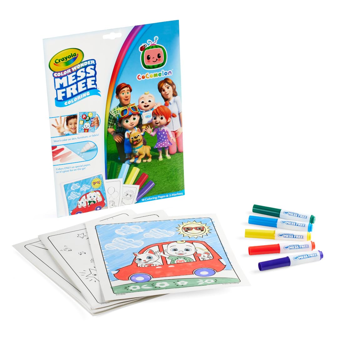 Crayola Color Wonder markers with Cocomelon pages for clean art sessions