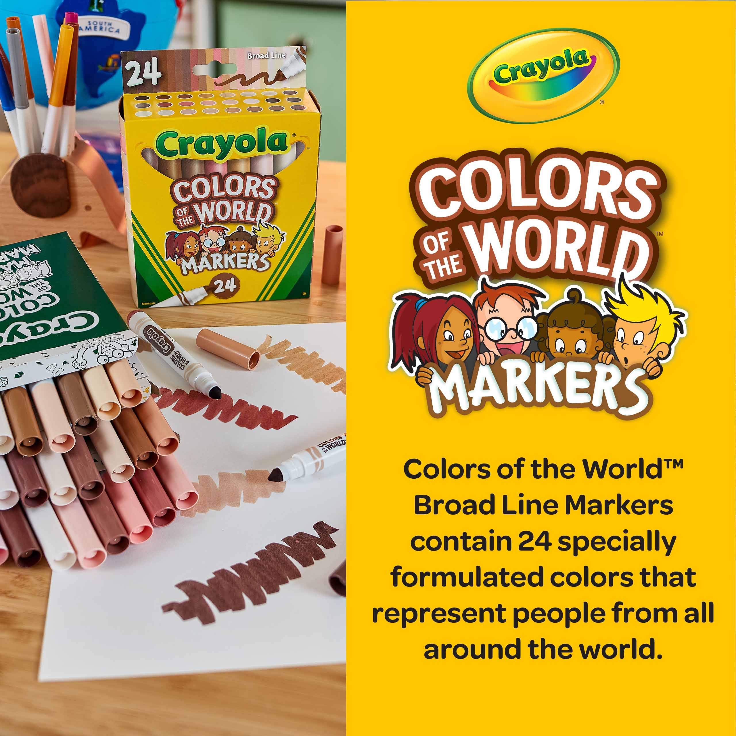 Crayola Colors of the World markers on a coloring page in use.