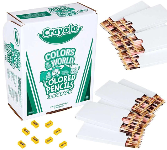 Close-up of Crayola Colors of the World pencils highlighting skin-tone range for diverse art.