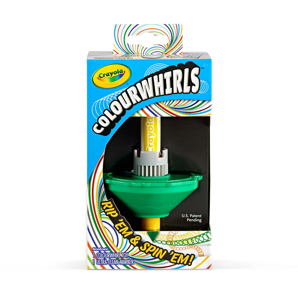 Crayola Colourwhirls spinner in action, creating vibrant spiral art on a tabletop.