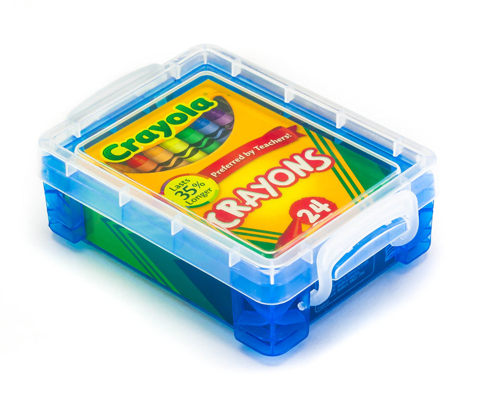 Crayola 24-count crayons with blue stacker box for classroom coloring and art projects.