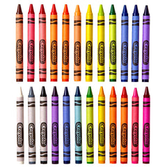 Crayola box with labeled boxes supports orderly classroom activities.