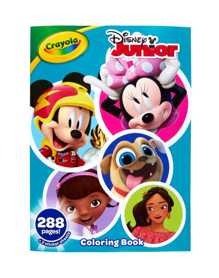 Crayola Disney Jr. coloring book cover with vibrant Disney characters for kids’ creative play.
