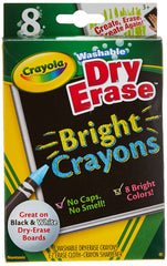 Crayola Dry-Erase Bright Crayons in packaging with vibrant colors for wipe-clean surfaces