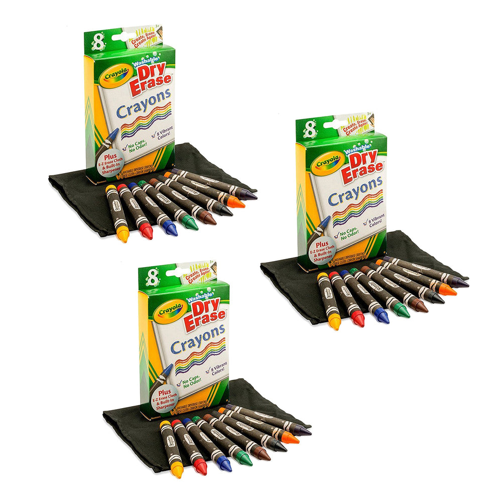 Crayola dry-erase crayons 3-pack with vibrant, erasable colors on a whiteboard.