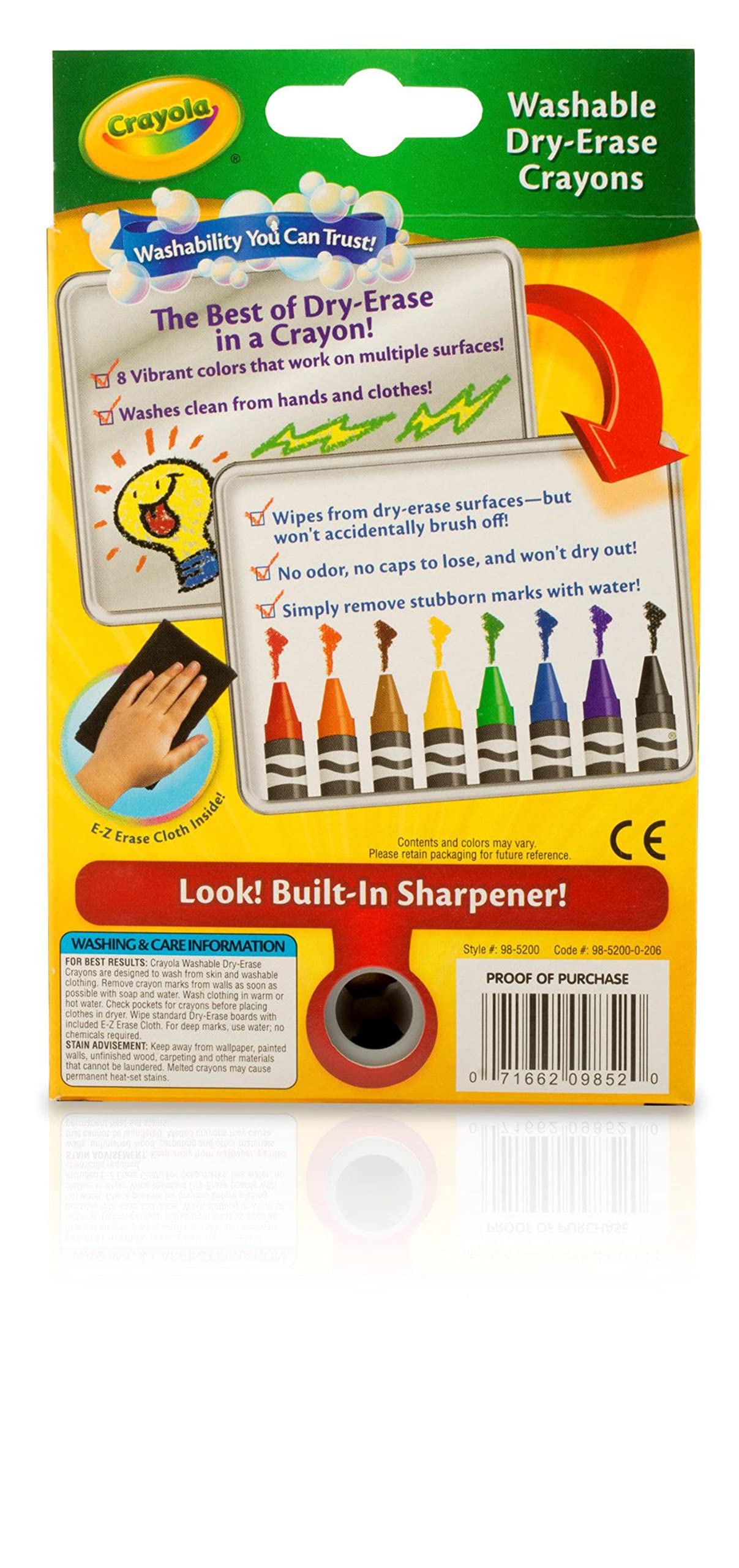 Crayola dry erase crayons wipe away easily from hands and clothing