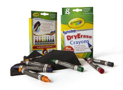 Crayola dry-erase crayons wash-away colors for mess-free creativity.