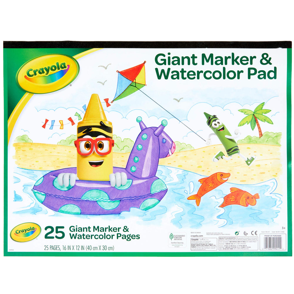 Crayola giant marker and watercolor pad with open pages for bold art ideas.