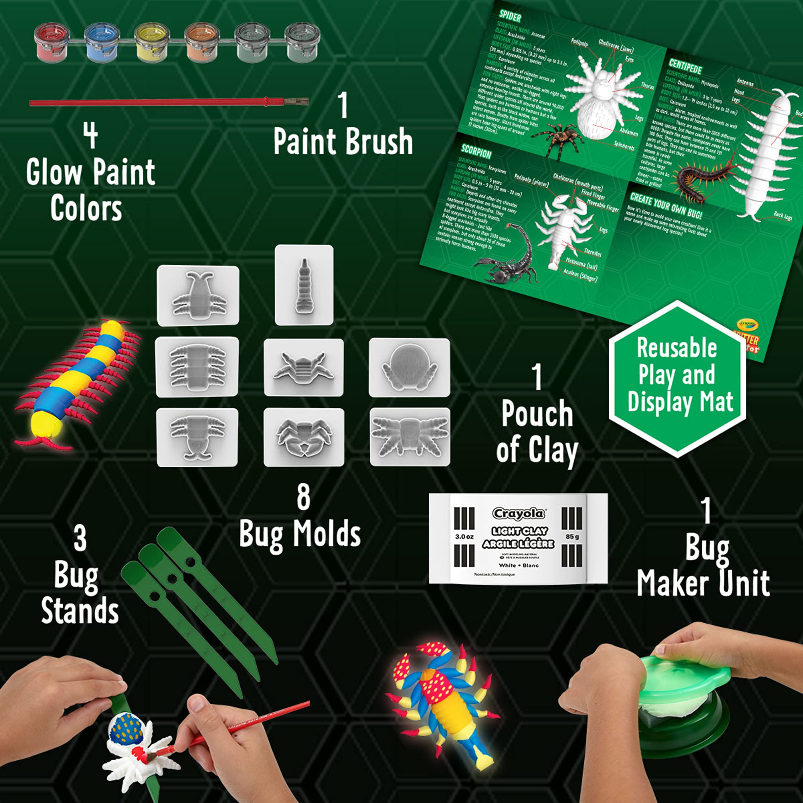 Crayola Glow in the Dark Critter Creator glow paints illuminate tiny bug artwork.