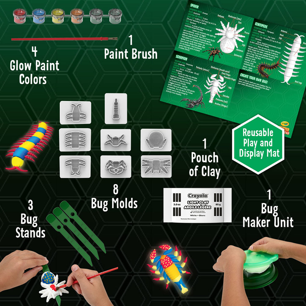 Crayola Glow in the Dark Critter Creator glow paints illuminate tiny bug artwork.
