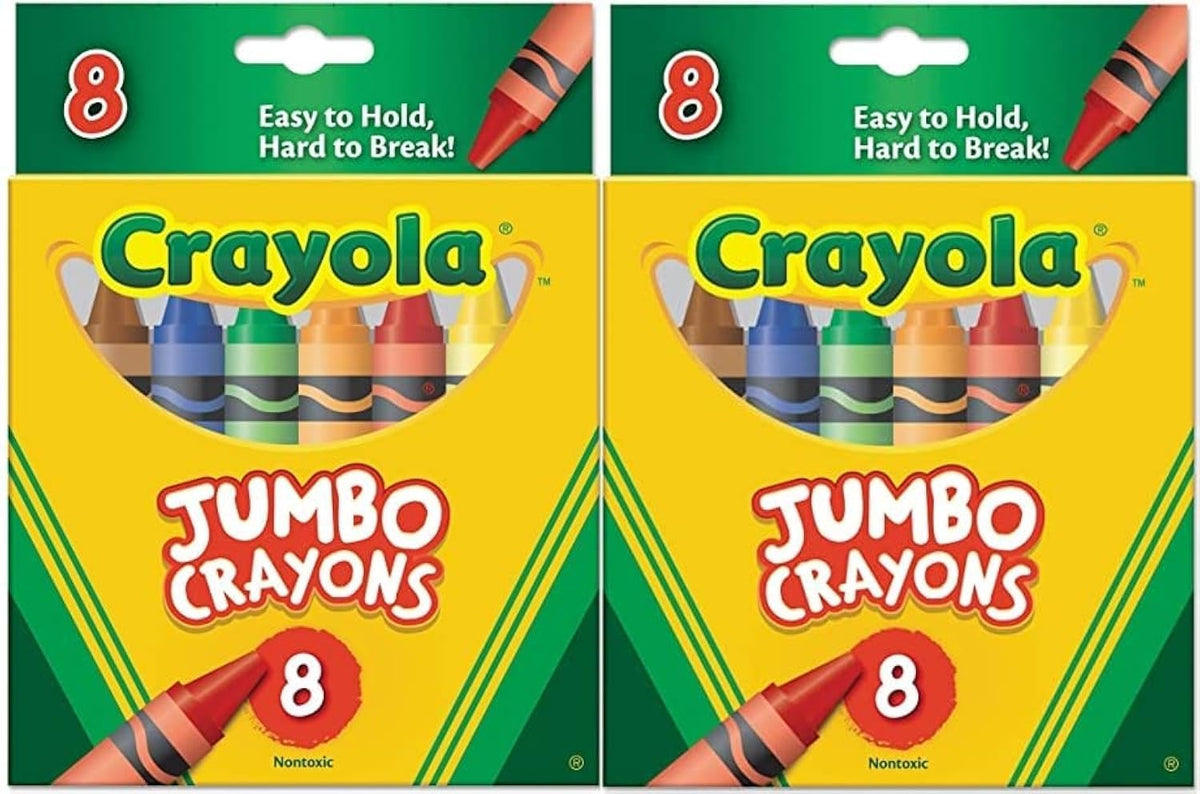 Crayola jumbo crayons two-pack front view, easy grip for beginners.
