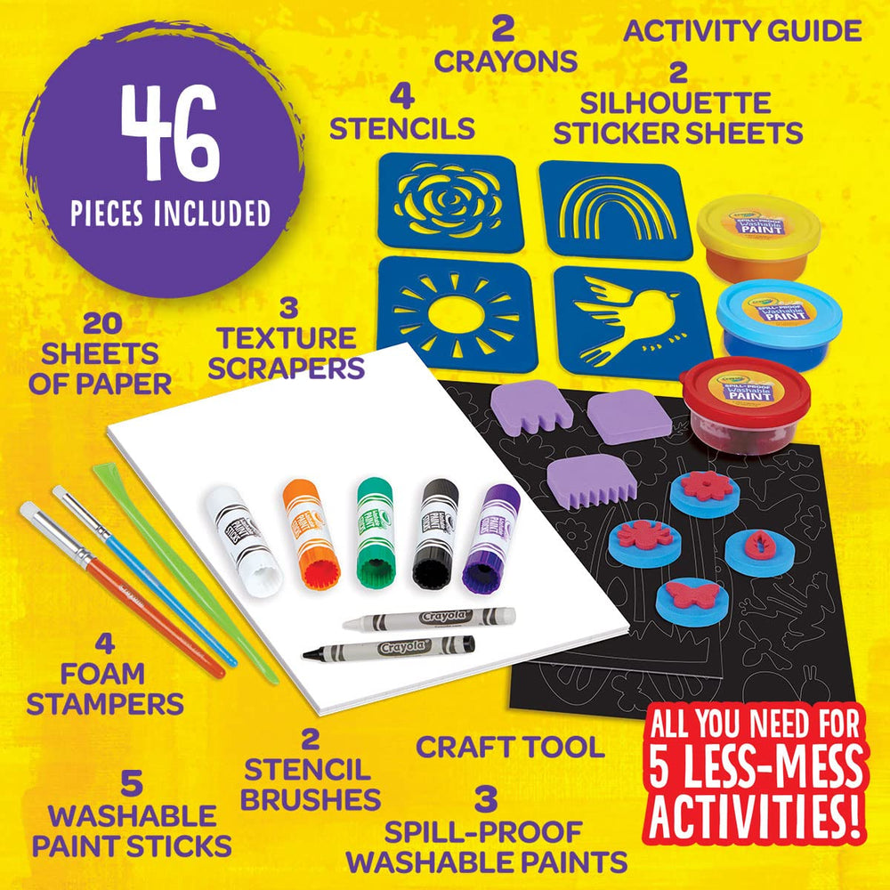 Crayola Less Mess Stencil Brushes enabling precise designs with minimal setup.