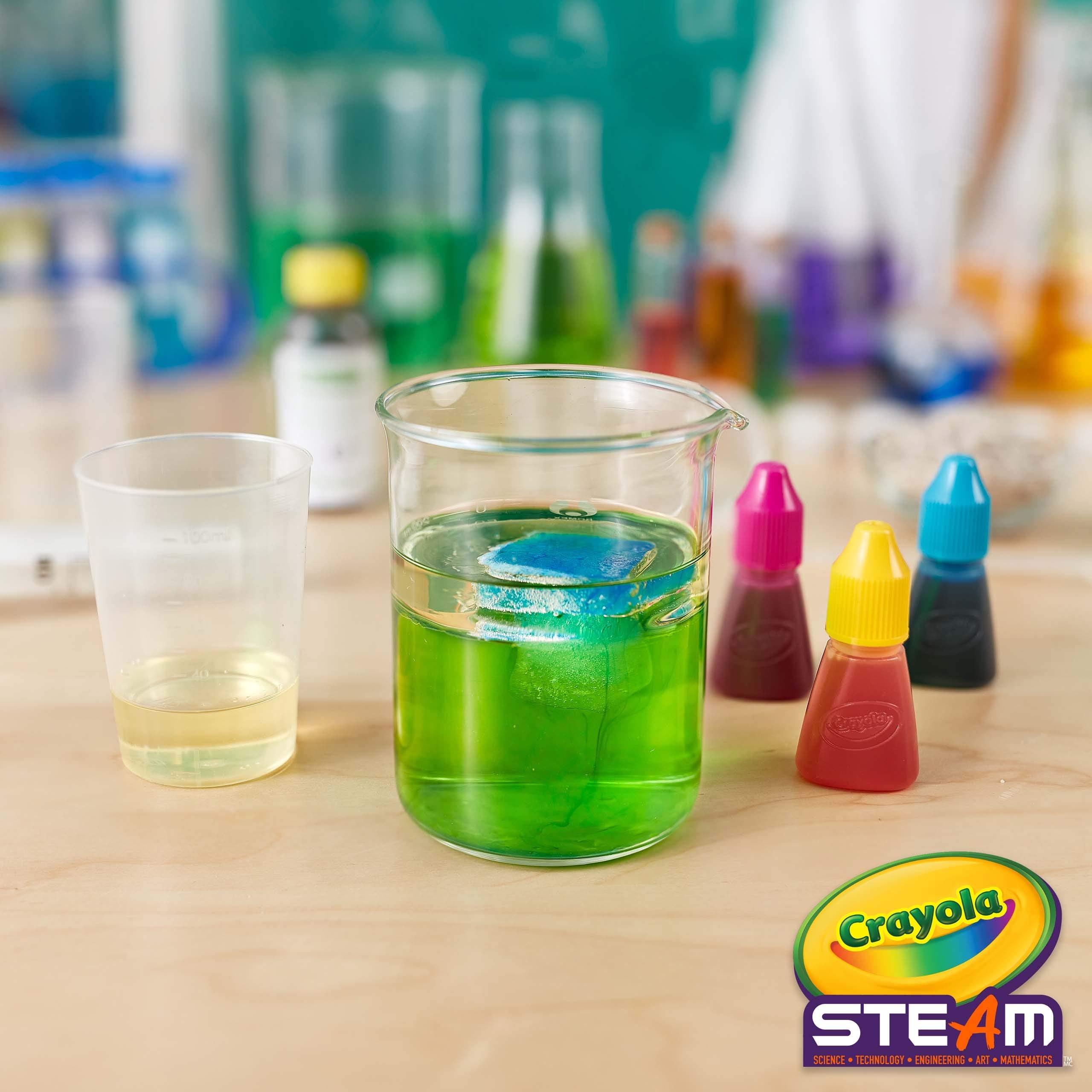 Colorful lab setup using common household items for Crayola experiments.