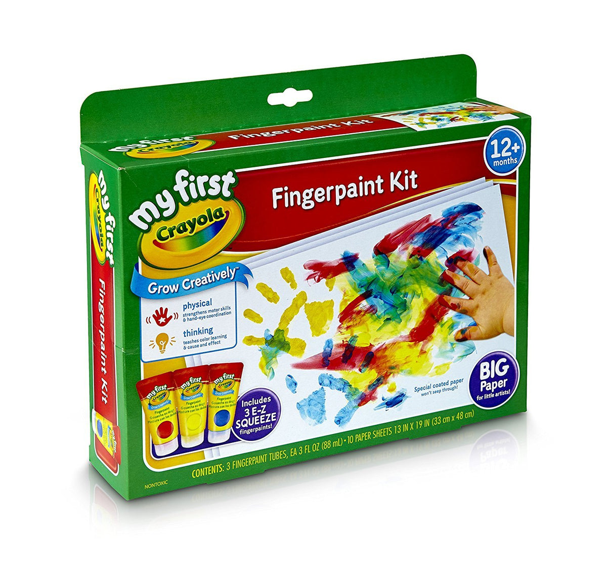 Crayola My First Fingerpaint tubes in blue, yellow, and red for easy color play.