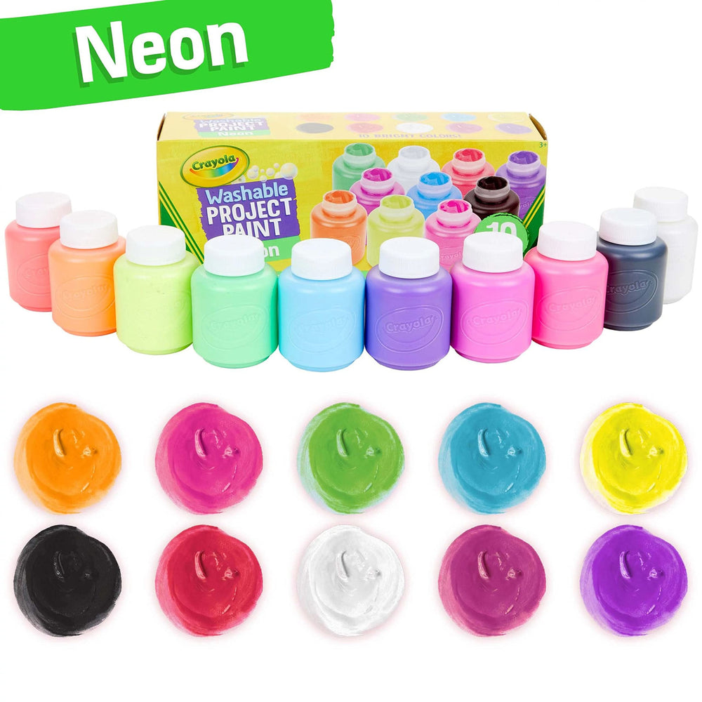 Crayola Neon Washable Paint red bottle for vibrant crafts with easy cleanup.