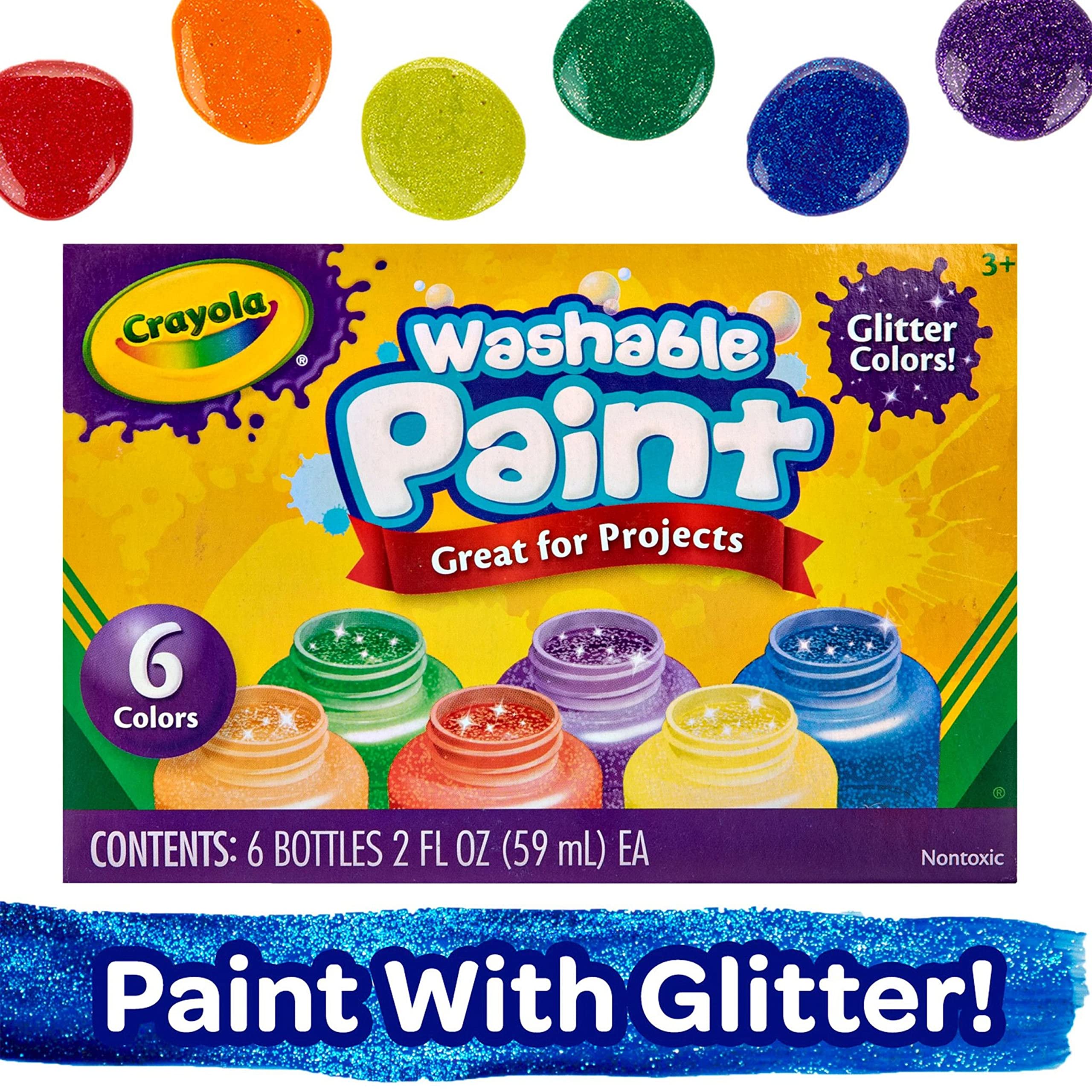 Crayola Neon Washable Paint white bottle complements neon hues and cleans up easily.