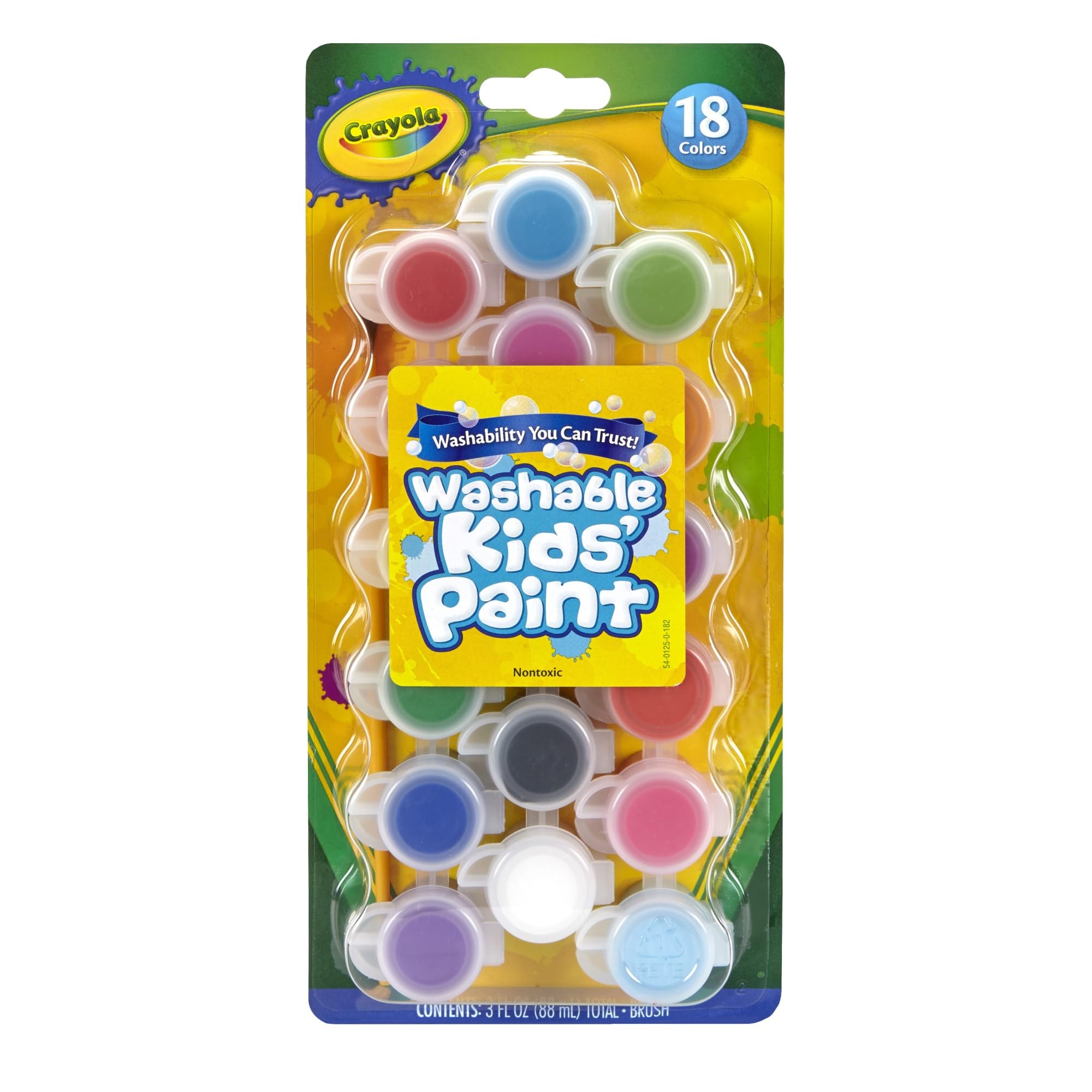 Close-up of Crayola paint pots highlighting washable pigments.