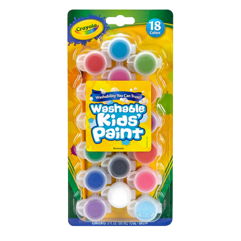Close-up of Crayola paint pots highlighting washable pigments.