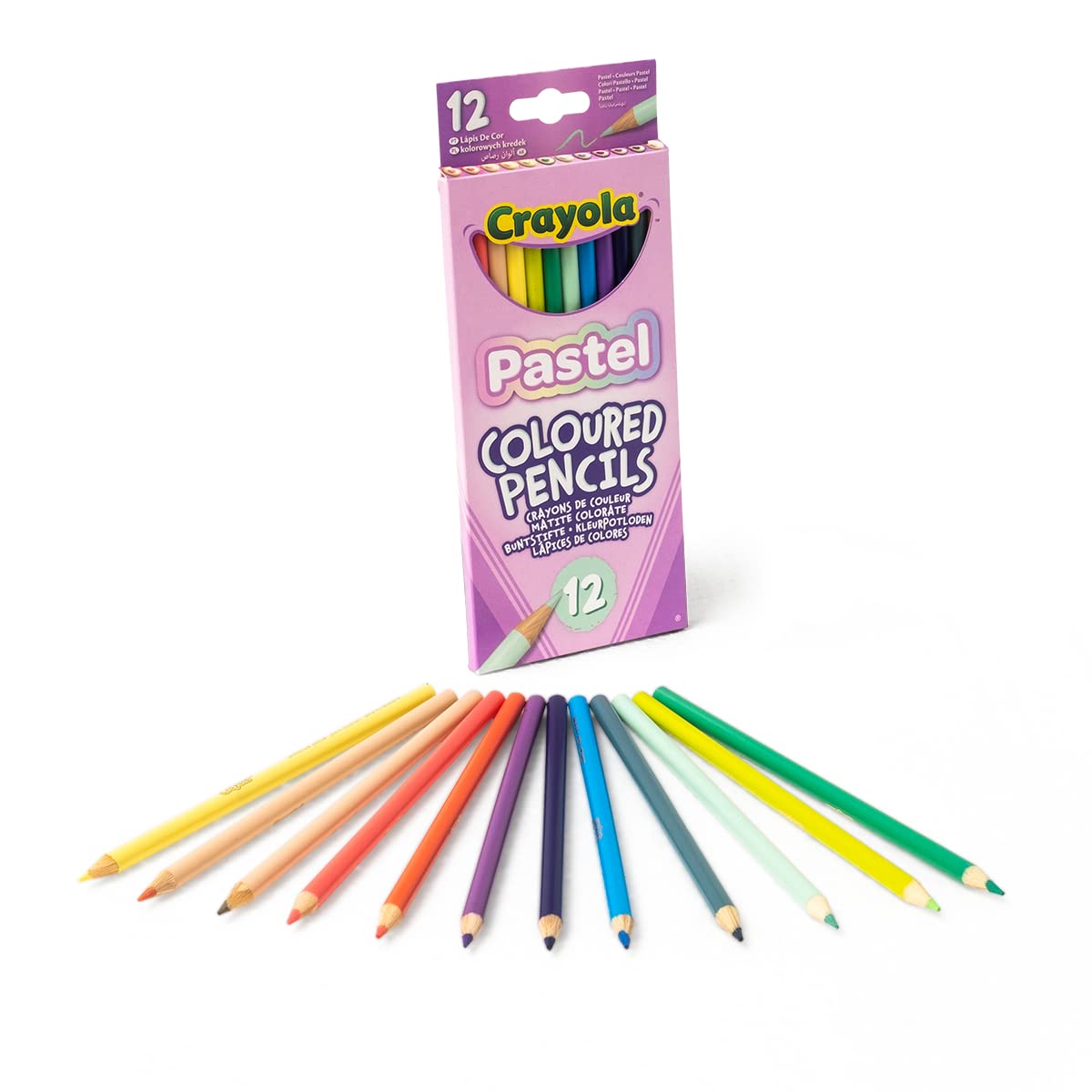 Crayola pastel drawing pencils 12-pack with barrel-colour finish ideal for coordinated palettes.