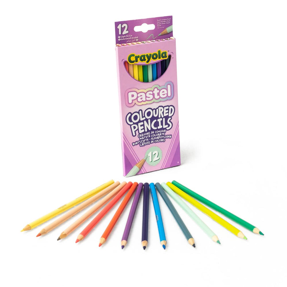 Crayola pastel drawing pencils 12-pack with barrel-colour finish ideal for coordinated palettes.