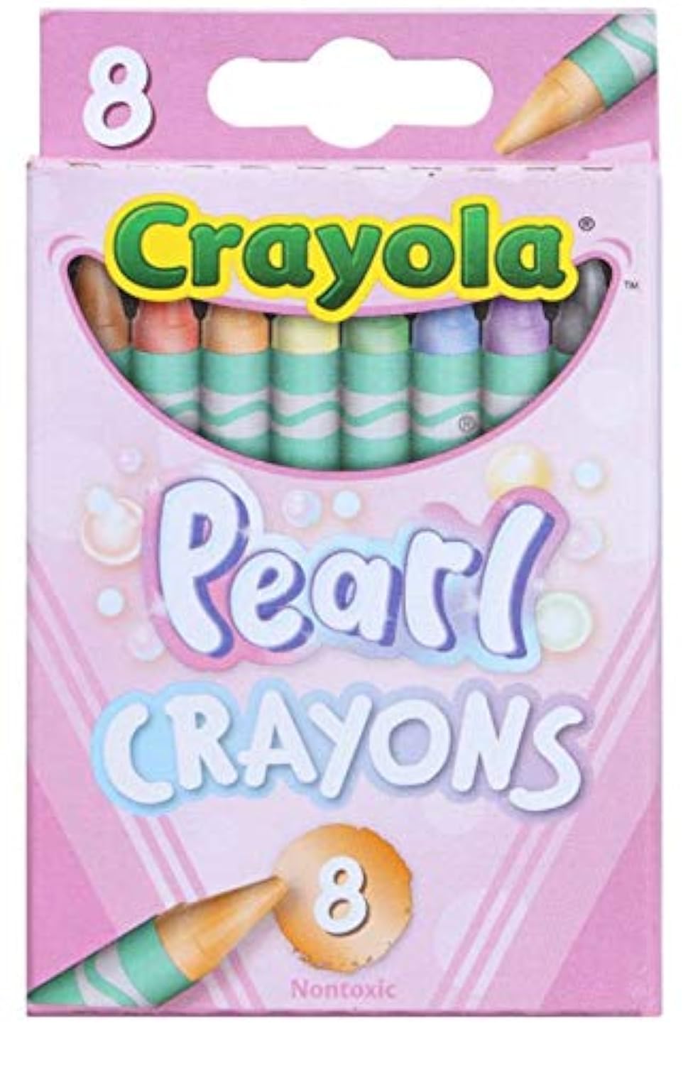 Crayola Pearl Crayons 8-pack in an easy-access outer box for storage and portability.