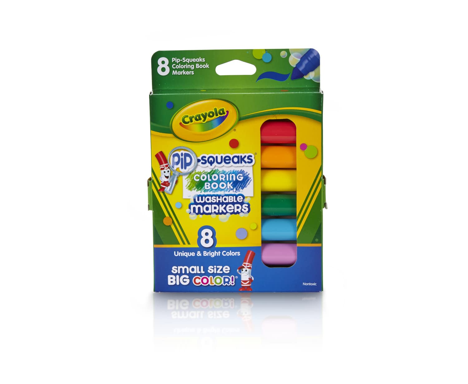 Crayola Pip-Squeaks mini markers in eight colors for mess-free creativity.