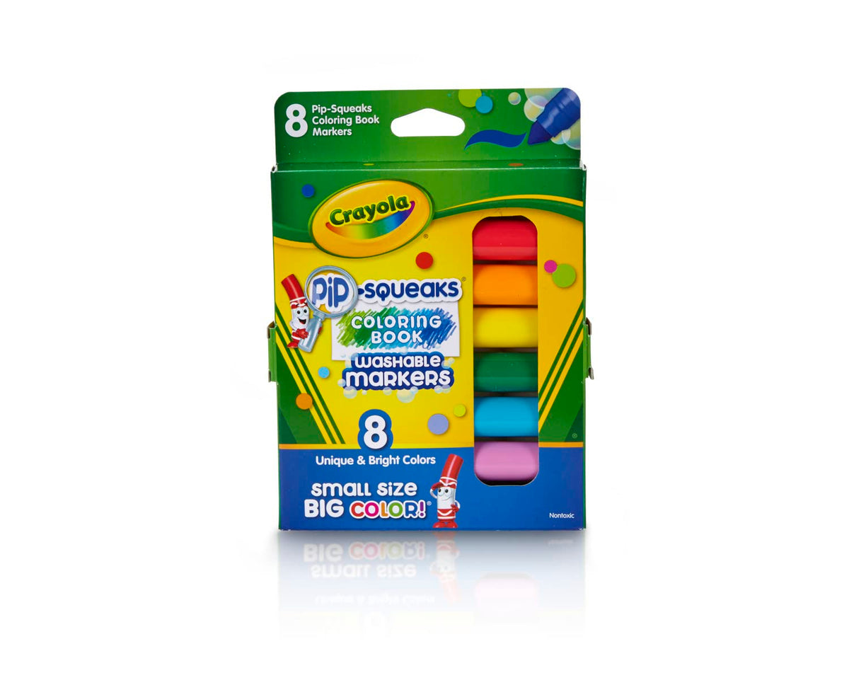 Crayola Pip-Squeaks mini markers in eight colors for mess-free creativity.