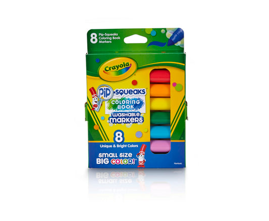 Crayola Pip-Squeaks mini markers in eight colors for mess-free creativity.