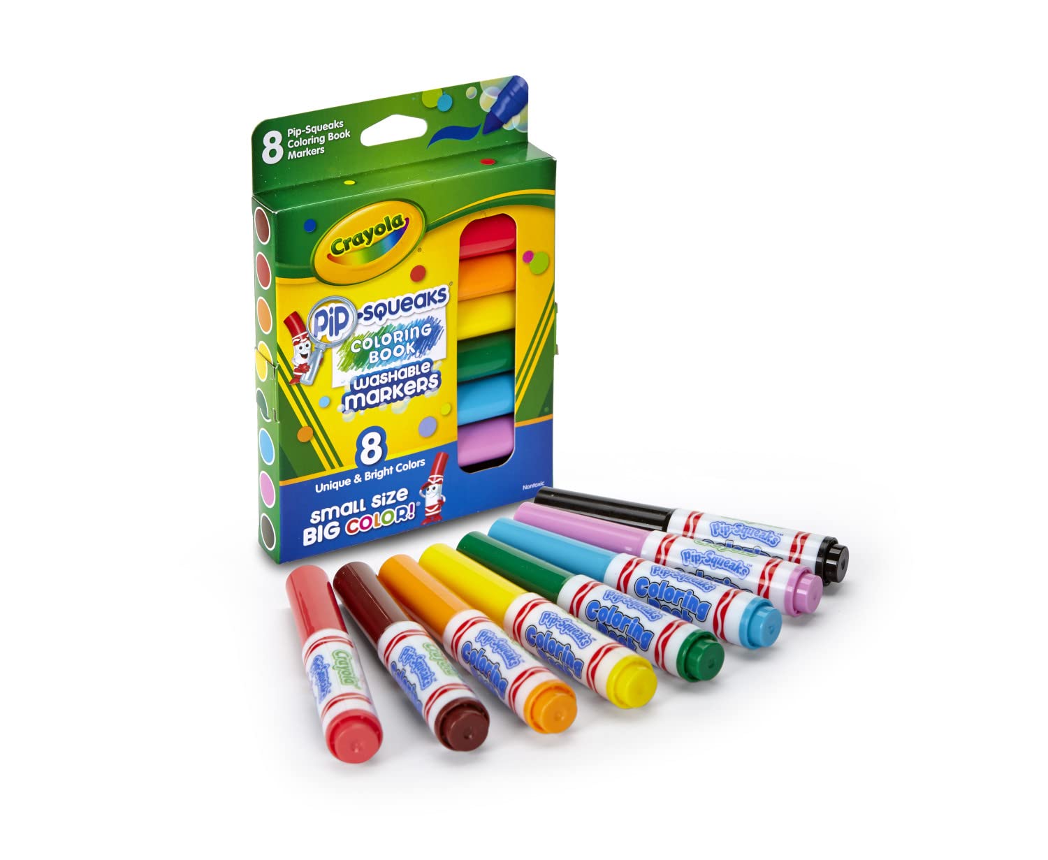 Washable Crayola Pip-Squeaks markers prevent mess on skin and fabrics.