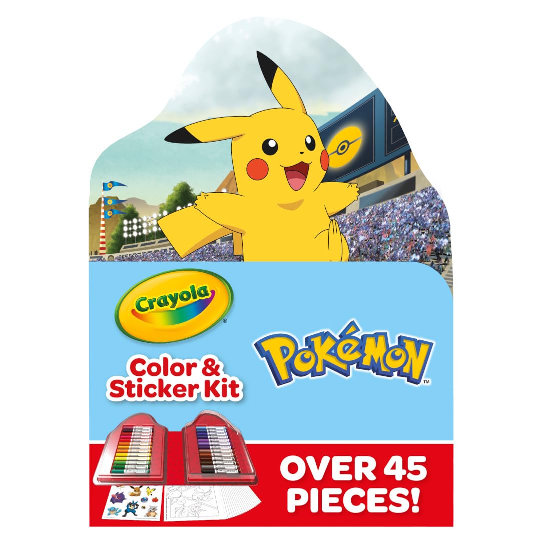 Crayola Pokemon Art Kit contents shown with markers, pages, stickers, and portable case for kids