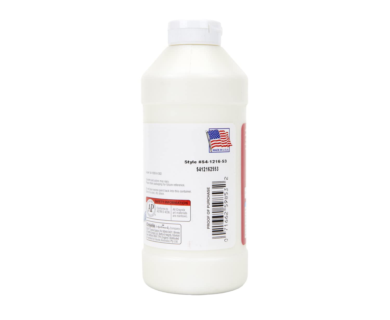 Close view of Crayola Premier Tempera White squeeze bottle for classroom projects