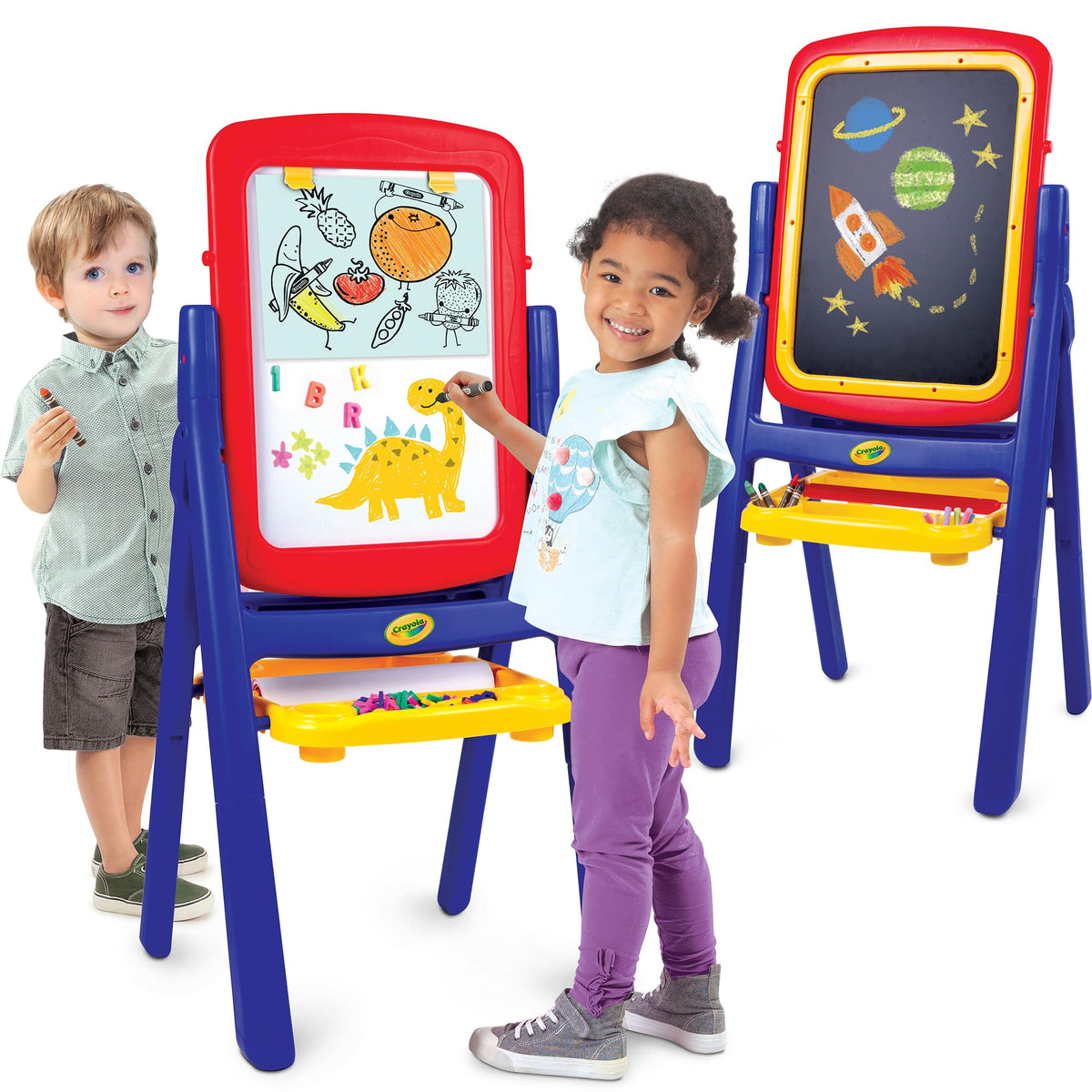 Crayola Qwikflip easel 360° rotation for quick chalkboard to whiteboard switch.