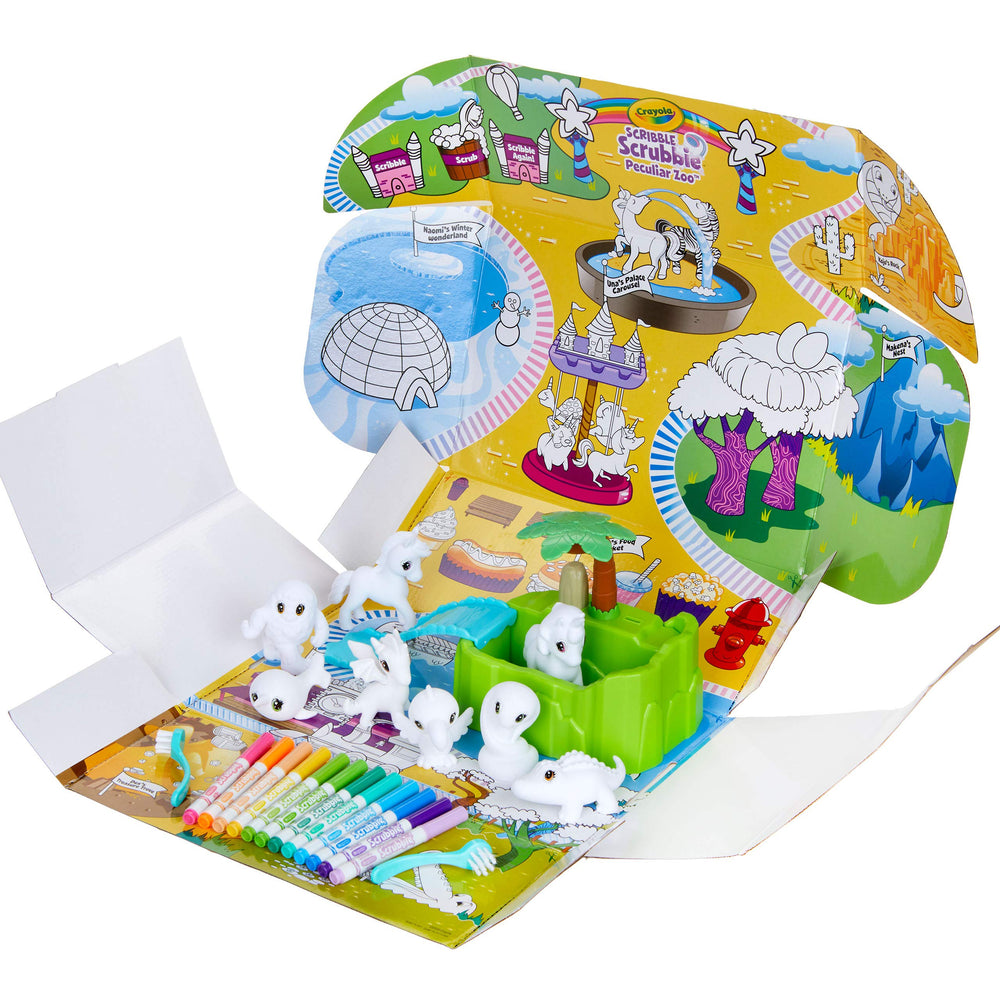Crayola Scribble Scrubbie Peculiar Zoo animals colored with washable markers, easy to reuse.