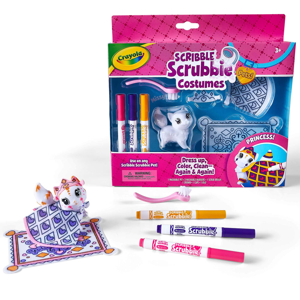 Crayola Scribble Scrubbie Pets Missy Cat wearing a princess tiara for imaginative dress-up play.