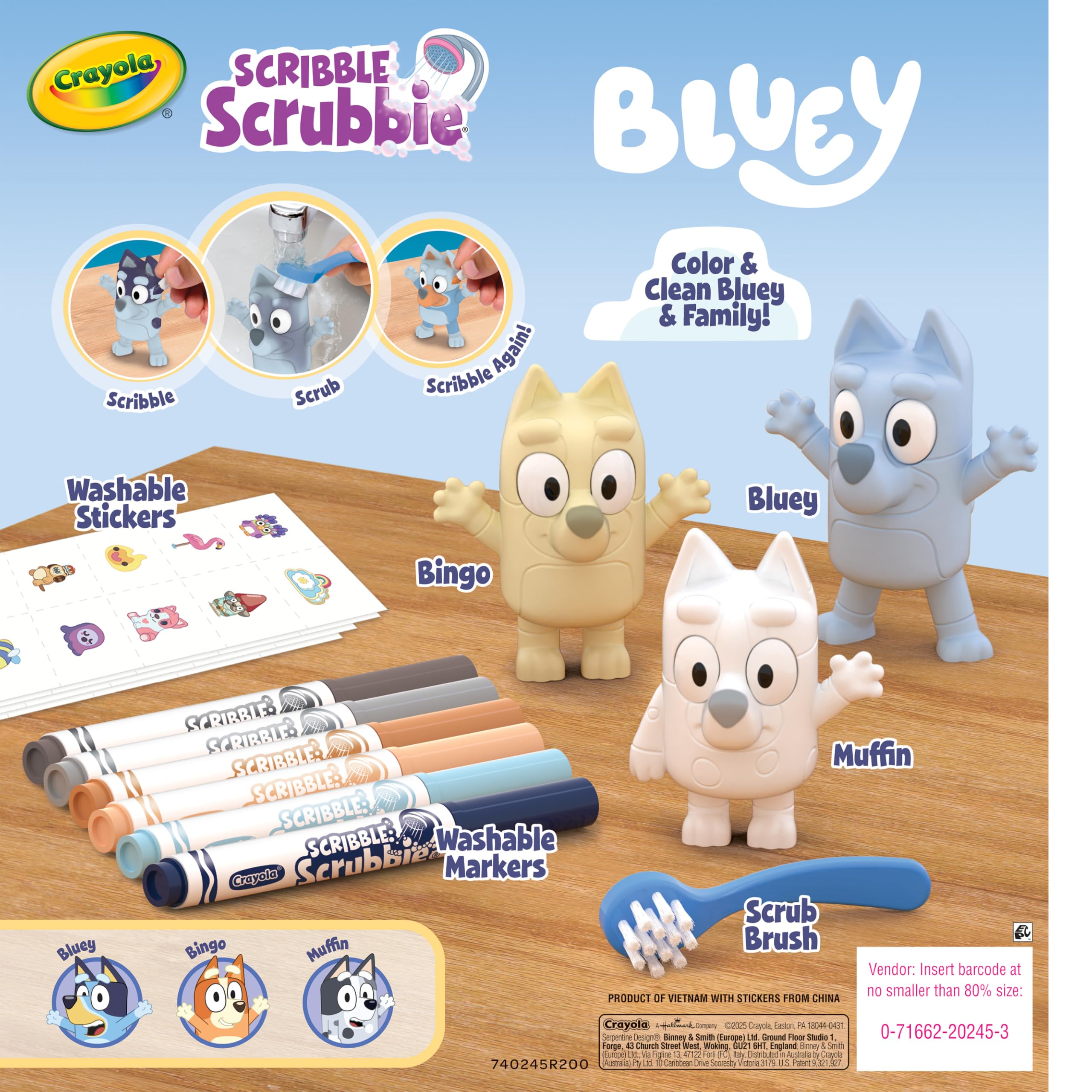 Markers and stickers create vibrant, reusable coloring on Scribble Scrubbies Bluey figures.