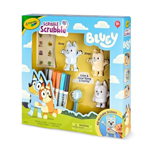 40 washable stickers on Crayola Bluey set for quick, removable outfits.
