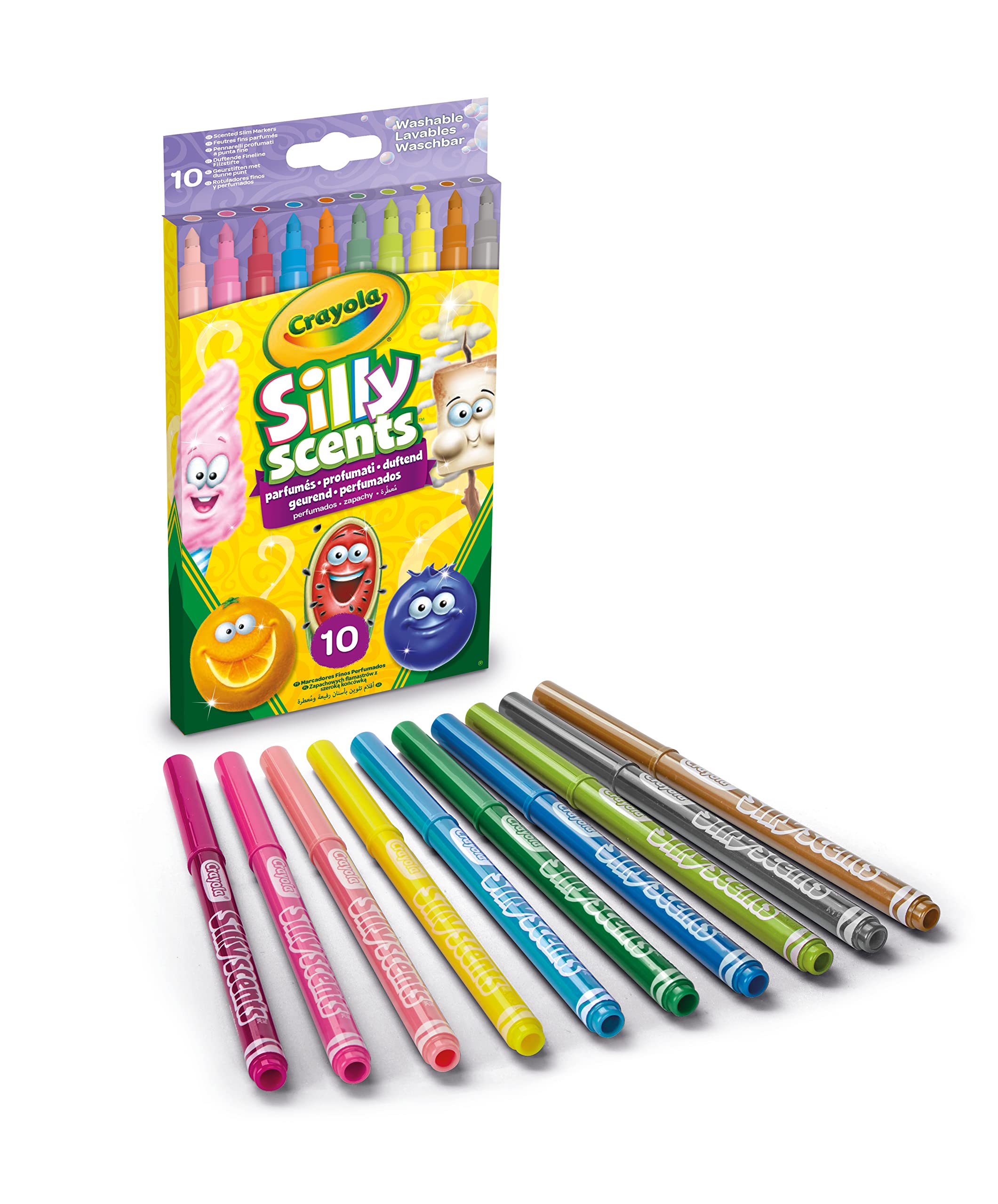 Crayola Silly Scents markers set with 10 fragrant, washable markers for kids' art.